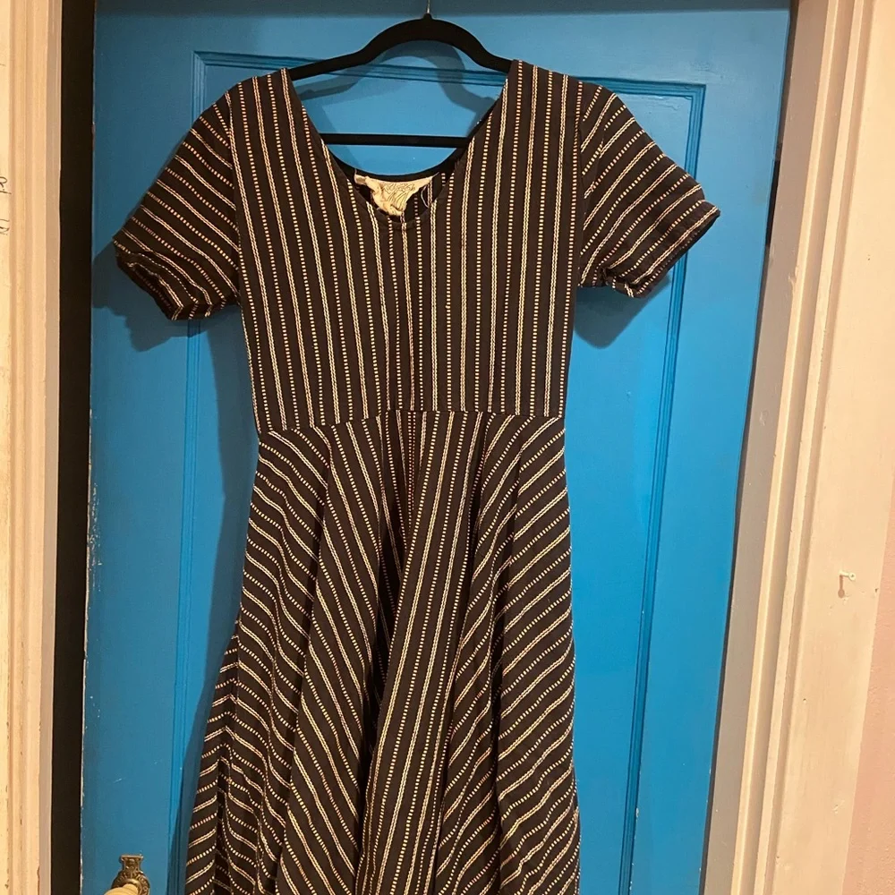 Ace & Jig Black and Tan Striped Midi Dress - Picture 1 of 5